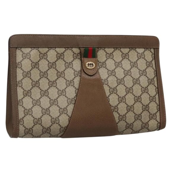 GUCCI GG Supreme Web Sherry Line Clutch Bag PVC Beige Gold 89 01 033 Auth - Picture 1 of 16
